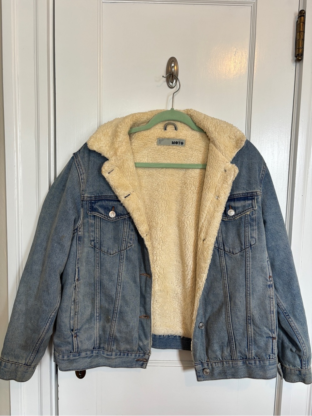 MOTO Sherpa-Lined Denim Jacket in Light Blue